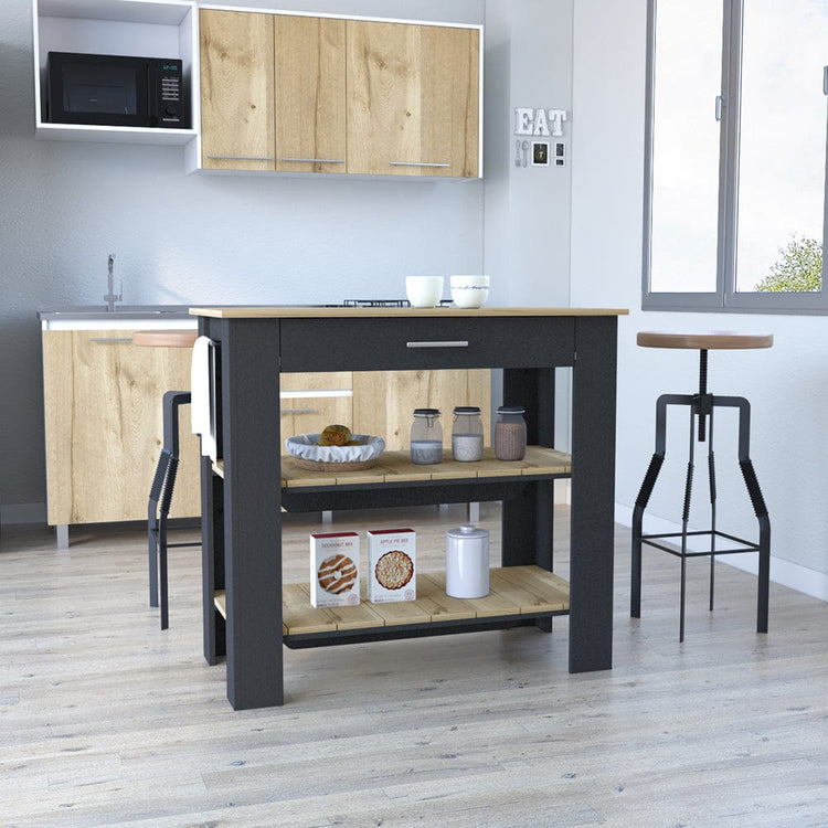 Kitchen island with large 40-inch work surface and open storage shelves