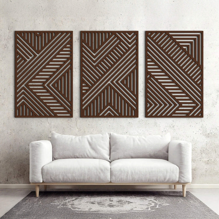 Three-panel geometric wood wall art set by VARBROS, modern minimalist CNC laser-cut wooden wall decor in natural wood finish.