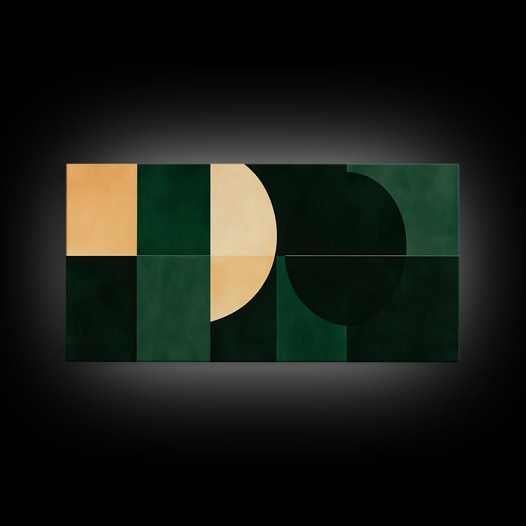 Emerald green geometric wall art by NuevArt, mid-century modern canvas print with bold shapes and vibrant colors for stylish decor.