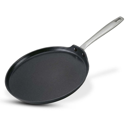 Alva Cookware 10-inch crepe and egg pan with non-stick surface for easy cooking of pancakes and delicate eggs.
