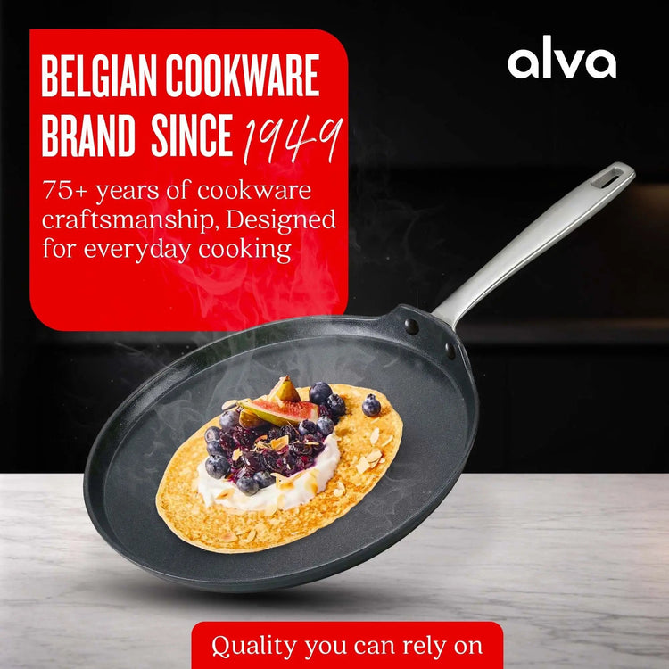 10-inch Alva Cookware crepe and egg pan with non-stick surface, perfect for making pancakes, crepes, and eggs.