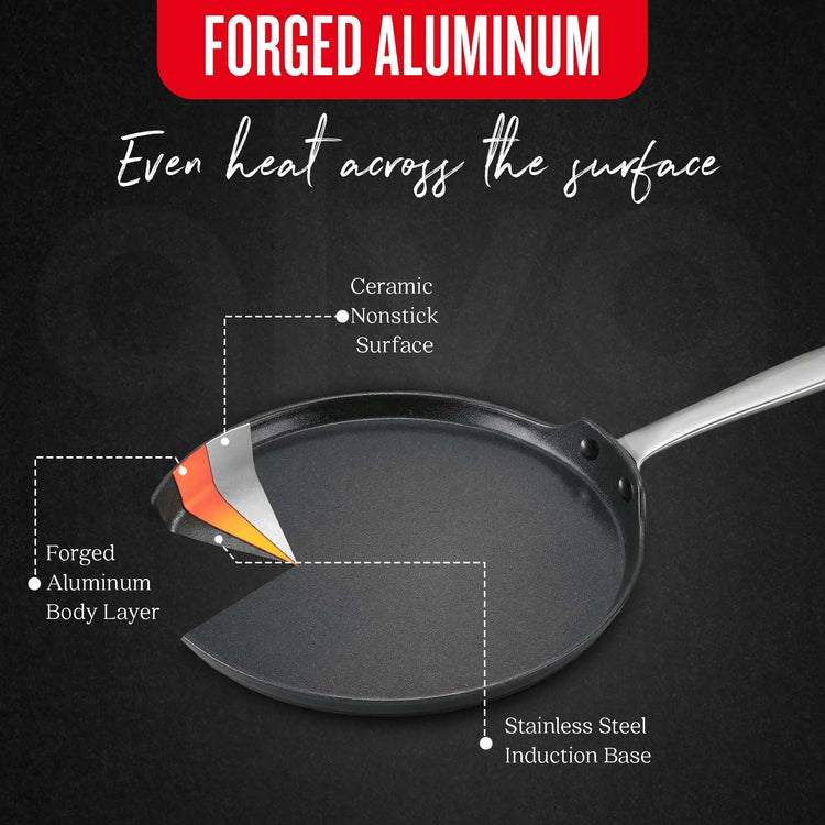 Alva Cookware 10-inch crepe and egg pan with non-stick surface, ideal for making pancakes and delicate breakfast dishes.