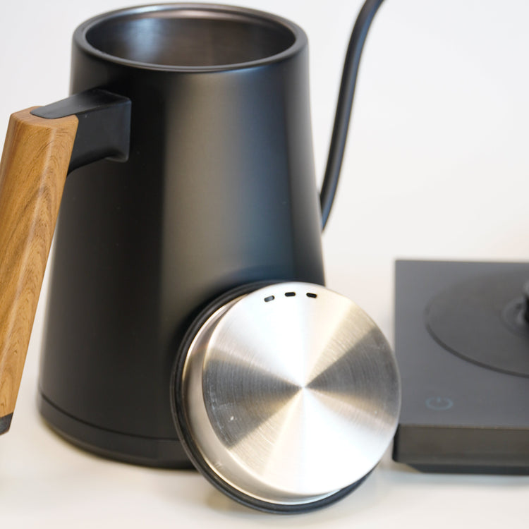 Turin Electric Pour Over Kettle by Espresso Outlet LLC, stainless steel electric kettle with black handle on a countertop.