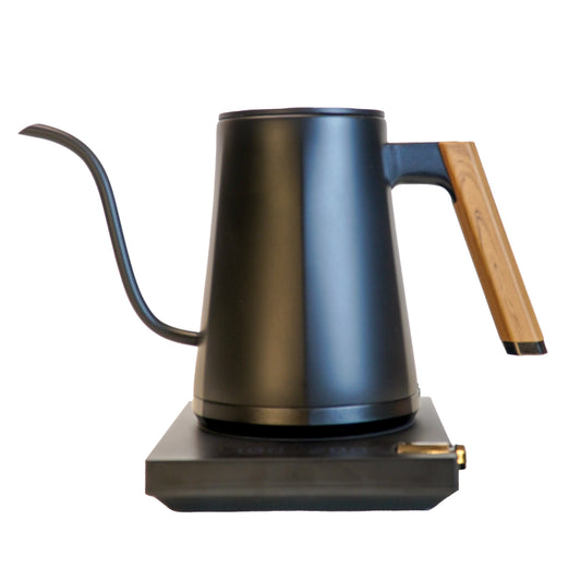 Turin Electric Pour Over Kettle by Espresso Outlet LLC with stainless steel body and ergonomic handle on a kitchen counter