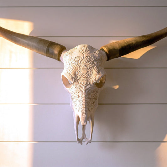 Lightweight faux steer skull and bull horns wall decor with shiplap background, perfect as a western southwest statement piece.
