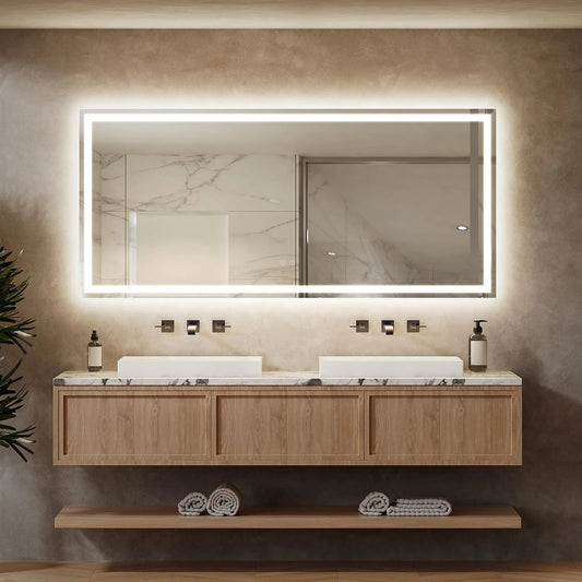 HAUSVITA Deluxe Center Glow LED bathroom mirror with anti-fog touch light, modern design, and bright illumination.