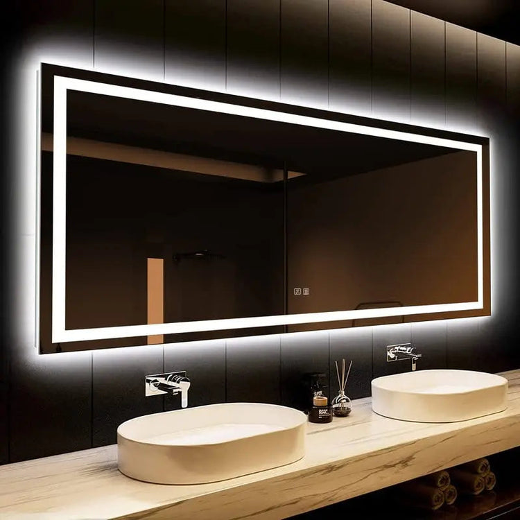 HAUSVITA Deluxe Center Glow LED bathroom mirror with anti-fog feature and touch light, designed for modern bathroom decor.