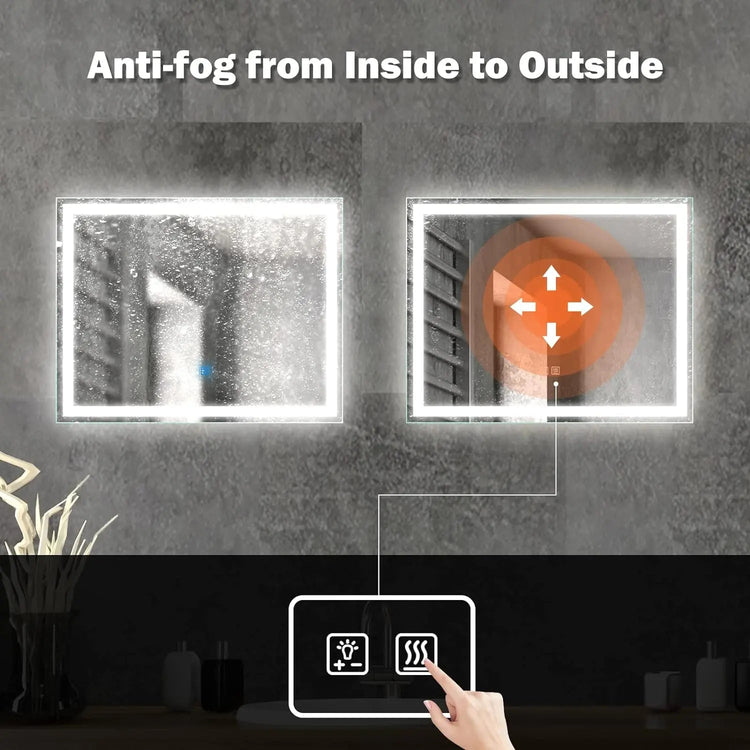 HAUSVITA Deluxe Center Glow LED bathroom mirror with anti-fog touch light, modern design, and bright illumination for bathrooms.