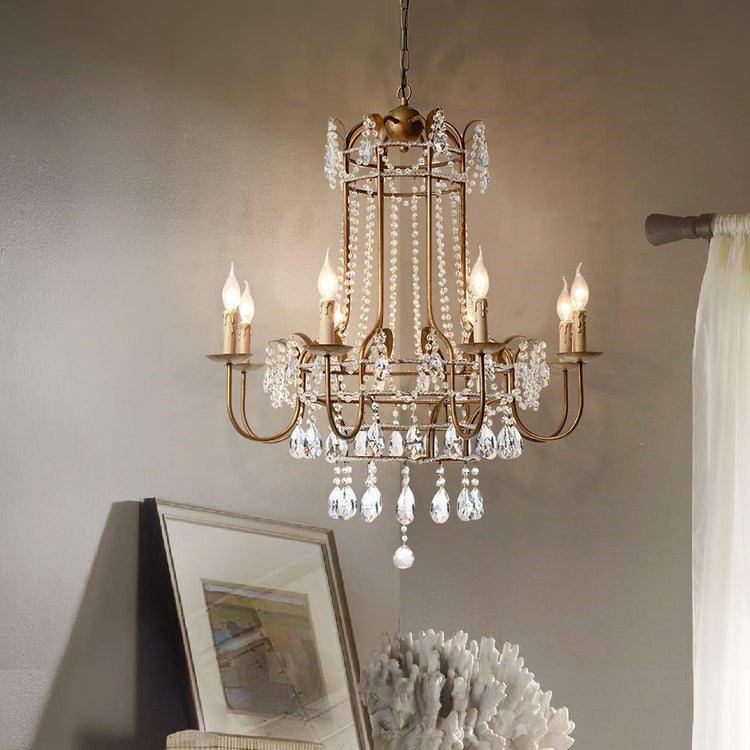 Early American Mooiehome chandelier, 25.2-inch vintage-style lighting fixture with multiple candle-style bulbs and ornate metal details.