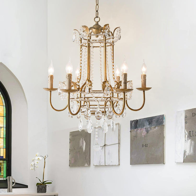 Early American style chandelier by Mooiehome featuring 25.2-inch design with elegant candle-style lights and vintage metal finish.
