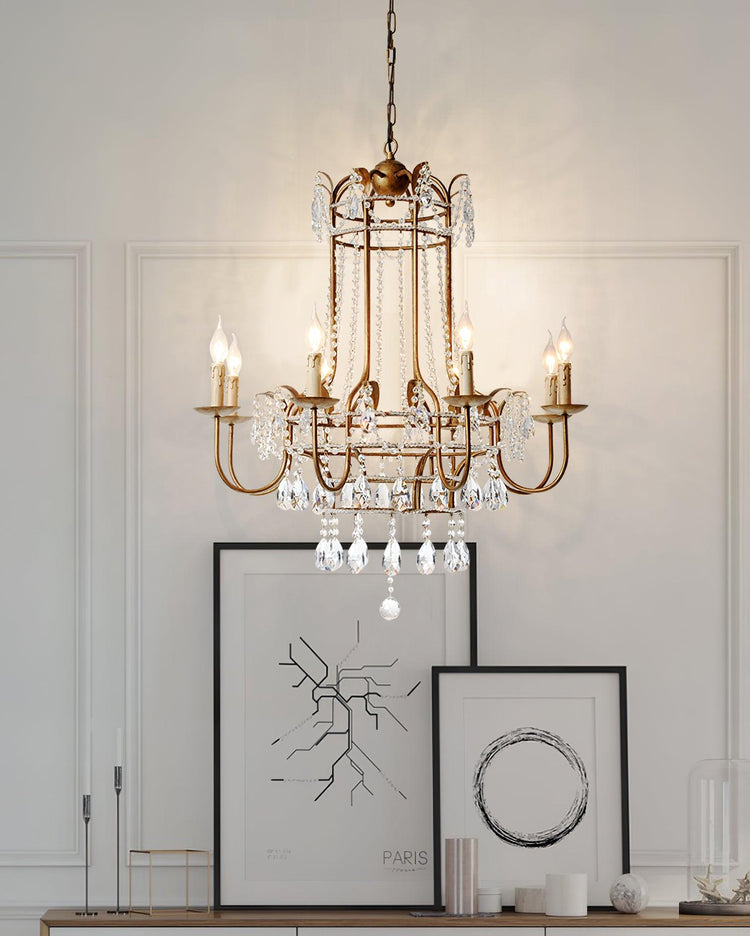 Early American Mooiehome chandelier, 25.2-inch vintage-style lighting fixture with classic design and multiple candle-style bulbs.