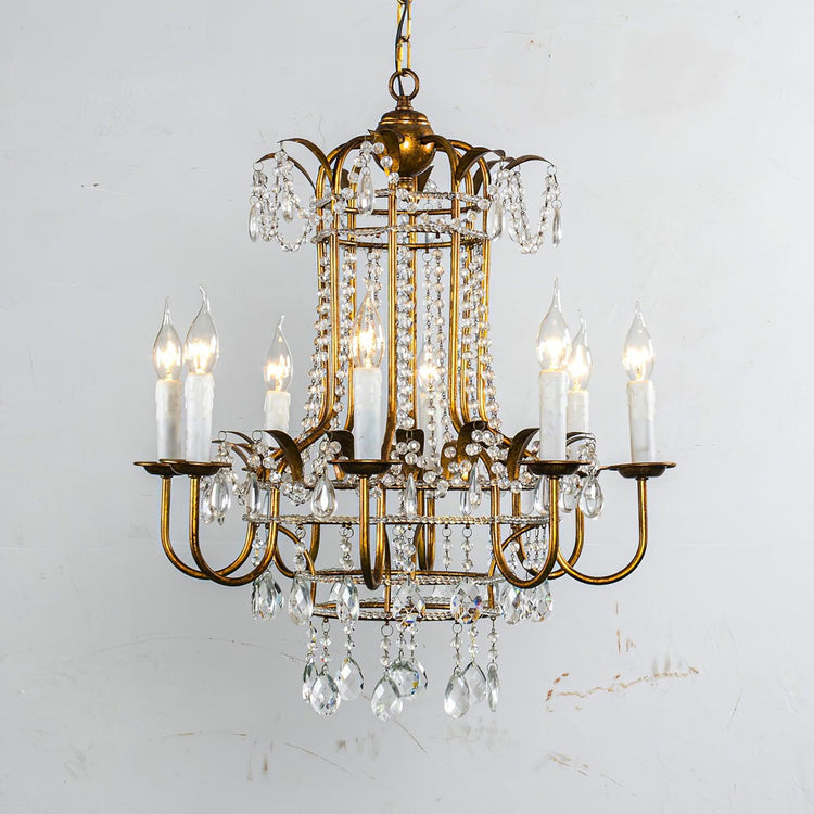 Early American Mooiehome chandelier, 25.2 inches tall with classic design, featuring multiple candle-style lights and antique finish.