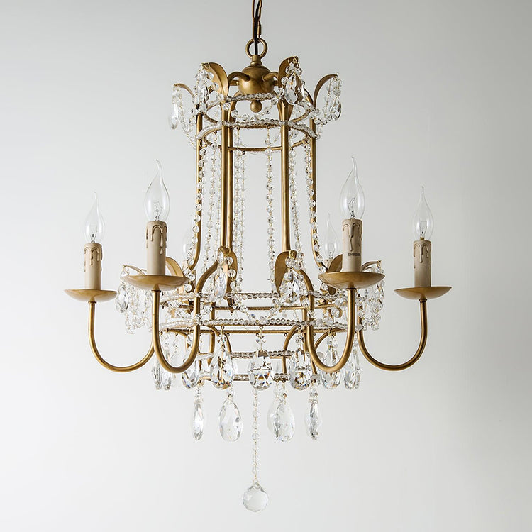 Early American Mooiehome chandelier, 25.2-inch vintage-style hanging light fixture with multiple candle-like bulbs.