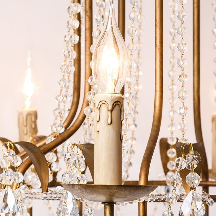 Early American Mooiehome chandelier, 25.2 inches tall with classic design, featuring multiple candle-style light holders and vintage details.