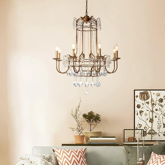 Early American Mooiehome chandelier, 25.2-inch vintage-style lighting fixture with antique brass finish and multiple candle-style bulbs.