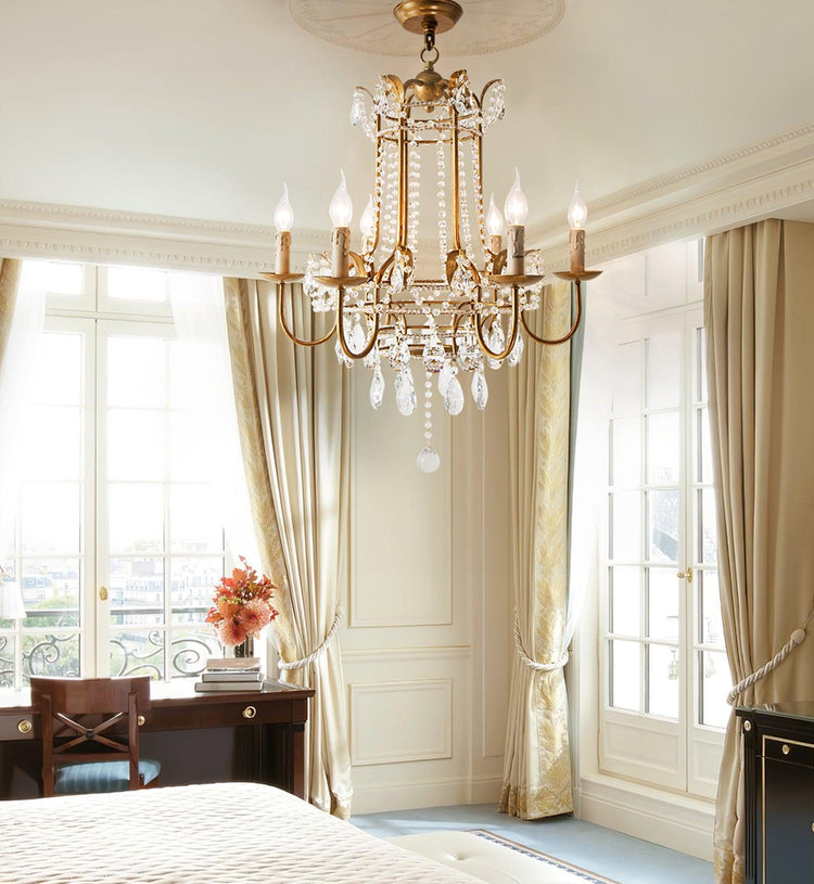 Early American chandelier by Mooiehome with 25.2-inch size, featuring vintage-style metal frame and multiple candle-like light holders.
