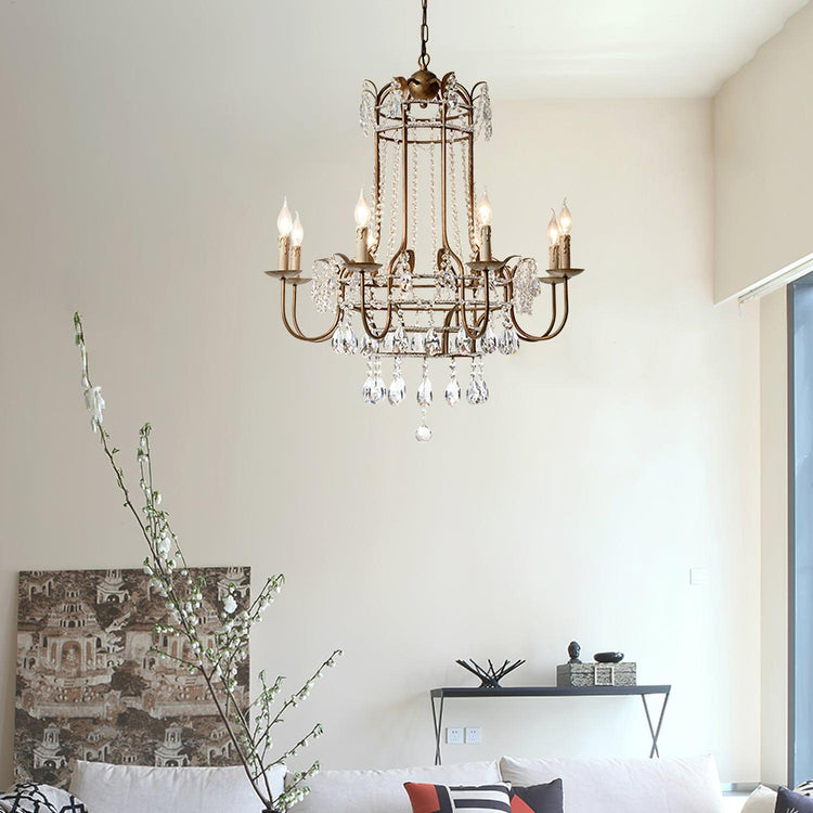 Early American Mooiehome chandelier measuring 25.2 inches with classic design and multiple light bulbs in a vintage style.
