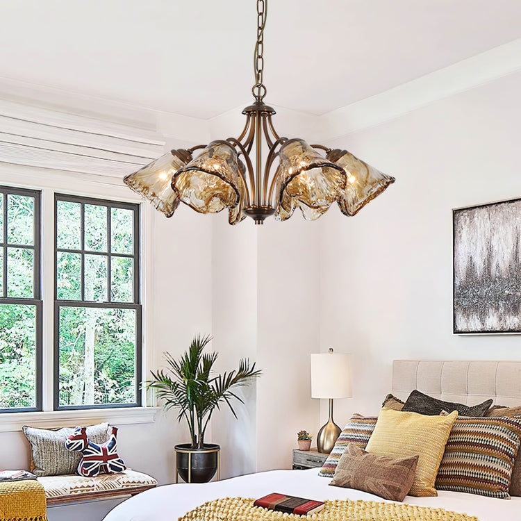 Elegant Mooiehome Elvarin Chandelier with intricate metalwork and multiple light fixtures hanging from a sleek frame.