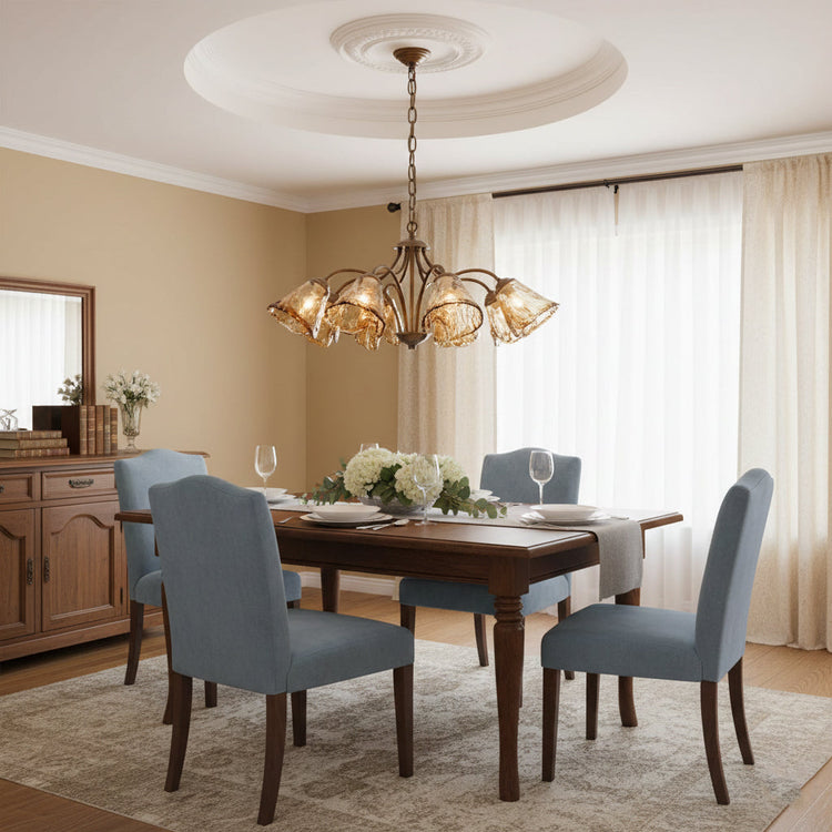 Elegant Mooiehome Elvarin chandelier with multiple glass globes, hanging from a sleek metal frame, ideal for modern interior decor.