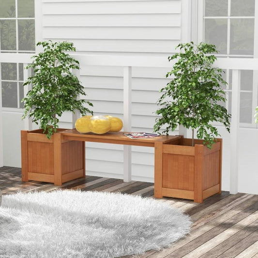 HomePacific wood planter bench with built-in planter boxes, outdoor farmhouse garden bench for patio or garden decor.
