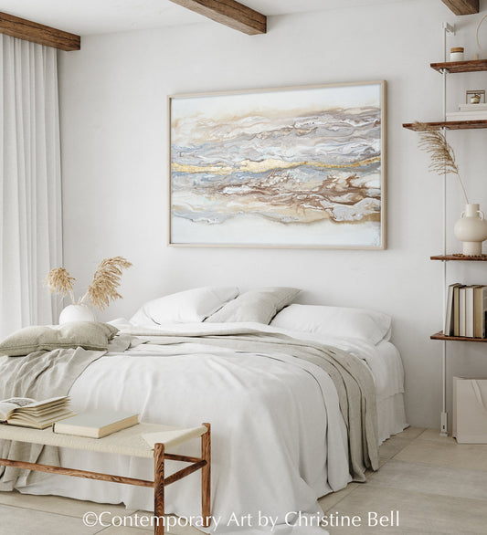 Gold leaf abstract canvas wall art by Christine Bell featuring a minimalist neutral design with a natural wood floater frame.