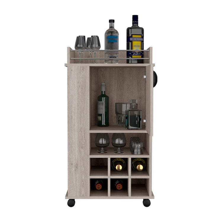 Modern mobile bar cart with open shelves and sleek handle