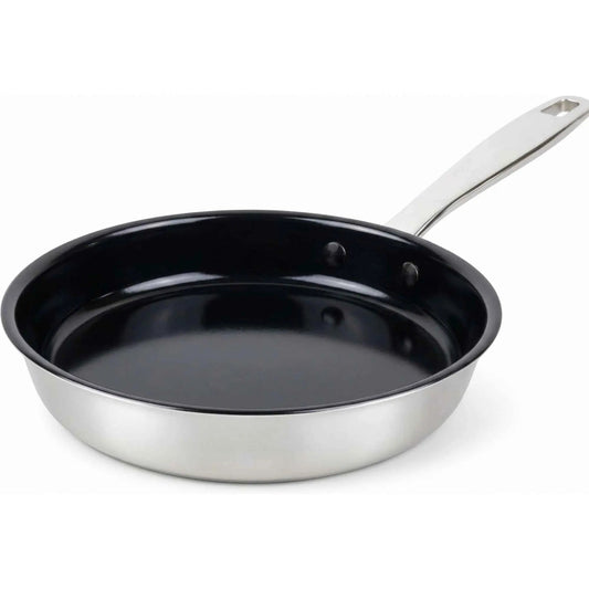 Alva Cookware frying pan with non-stick surface, black handle, shown on stovetop for easy cooking and even heat distribution.