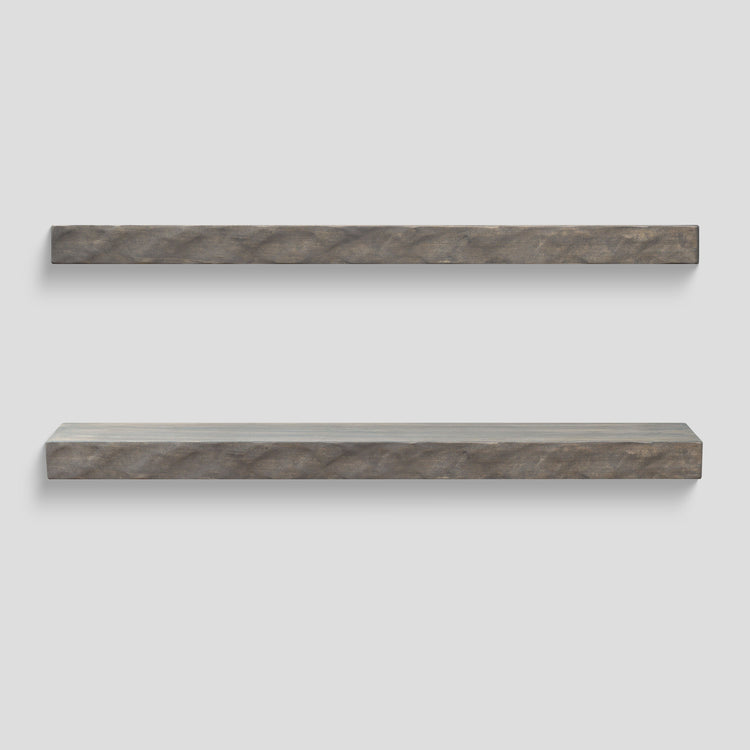 Hewn Kitchen Floating Shelf by Dogberrycollections in gray ash finish, hand-textured solid poplar, 24 to 72-inch length.