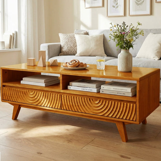 Caramel-colored Megsu Acacia Harmony wooden coffee table with storage drawers and open shelf, showcasing a stylish and functional design.