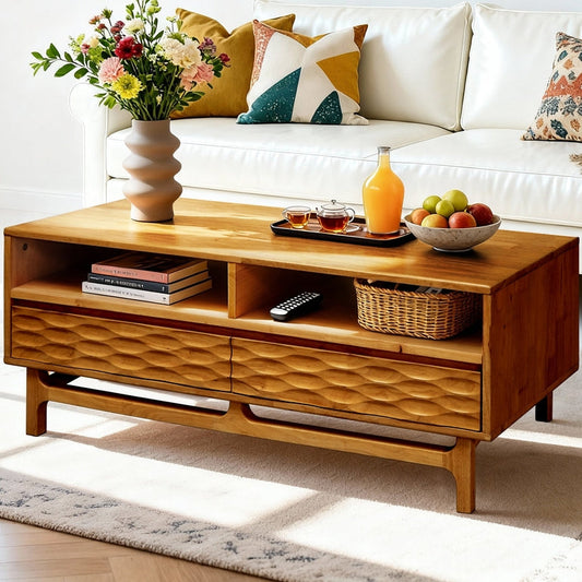 Rectangular Megsu Acacia Elara wooden coffee table with drawers and shelf, measuring 47.2 inches in length, natural finish.
