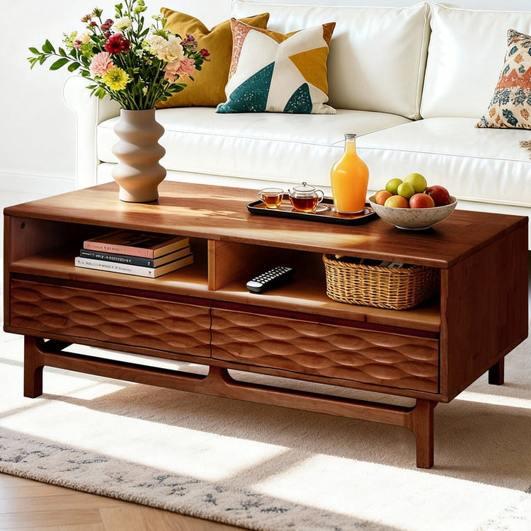 Acacia Elara wooden coffee table by Megsu with rectangular shape, drawers, and lower shelf for living room decor.