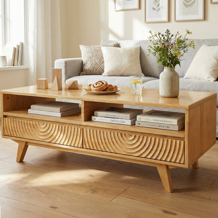 Natural oak Megsu Acacia Harmony wooden coffee table with storage drawers and open shelf, showcasing its elegant design and craftsmanship.