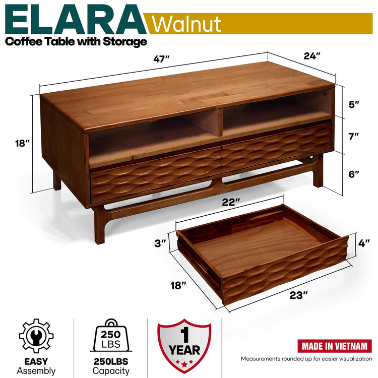 Acacia Elara wooden coffee table by Megsu with a rectangular design, drawers, and shelf, measuring 47.2 inches in length.
