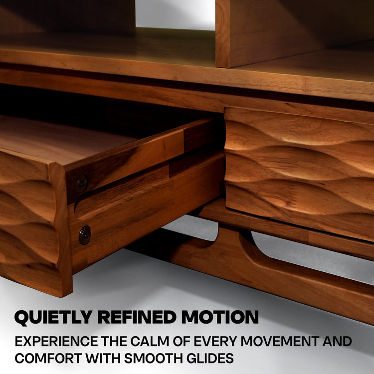 Megsu Acacia Elara wooden coffee table with drawers and shelf, rectangular 47.2-inch design, showcasing smooth finish and sturdy construction.