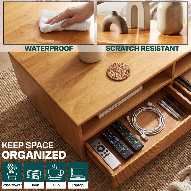 Natural oak Megsu Acacia Harmony wooden coffee table with storage drawers and open shelf for living room decor.