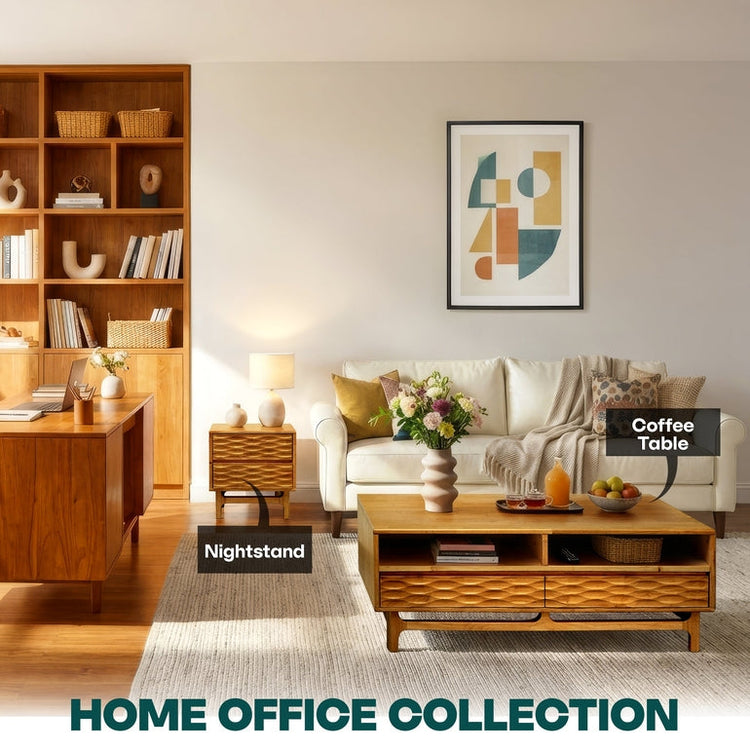 Megsu Acacia Elara wooden coffee table with 47.2-inch rectangular design, drawers, and shelf for home or office use.