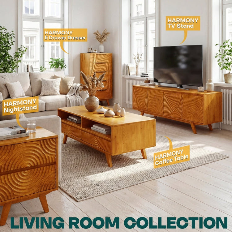 Caramel-colored Megsu Acacia Harmony wooden coffee table with drawers and open shelf, showcasing its stylish storage design.