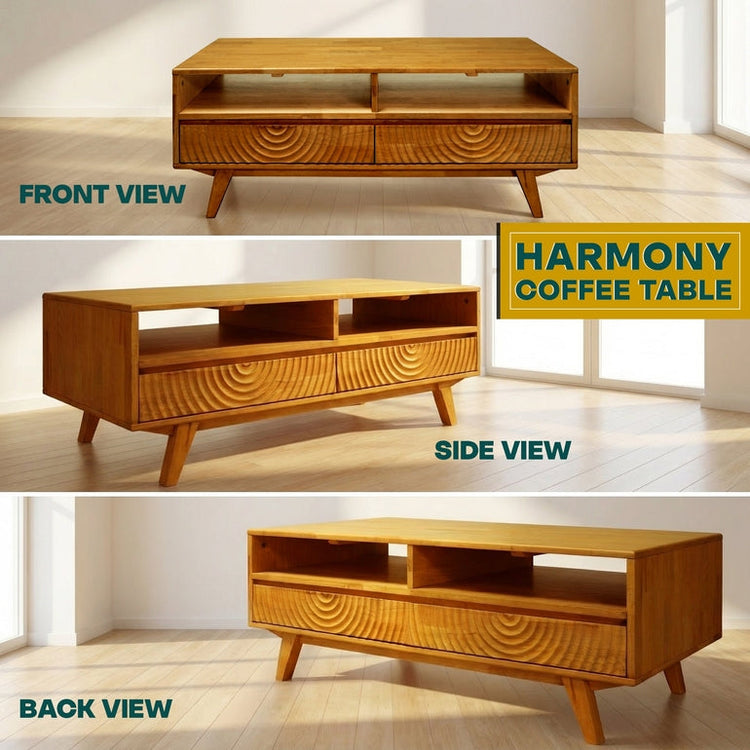 Acacia Harmony wooden coffee table with storage drawers and open shelf in caramel finish, modern design by Megsu.