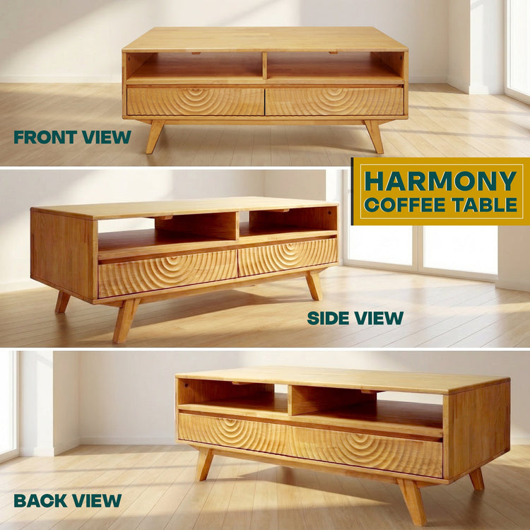 Natural oak Megsu Acacia Harmony wooden coffee table with storage drawers and open shelf, showcasing a modern design and smooth finish.