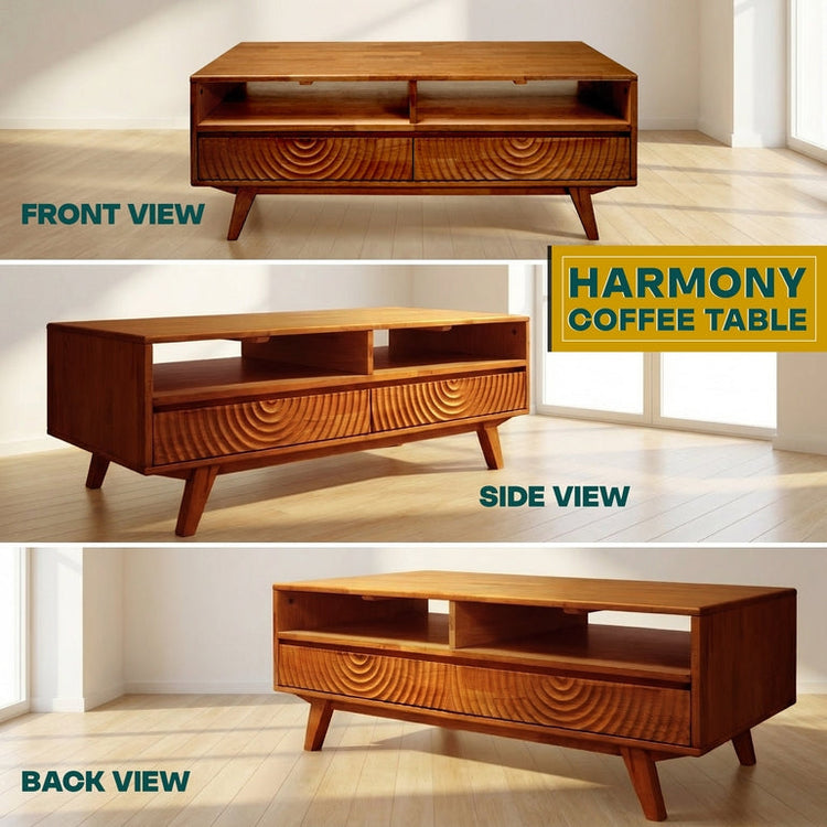 Walnut Acacia Harmony wooden coffee table by Megsu with storage drawers and open shelf, showcasing a stylish modern design.