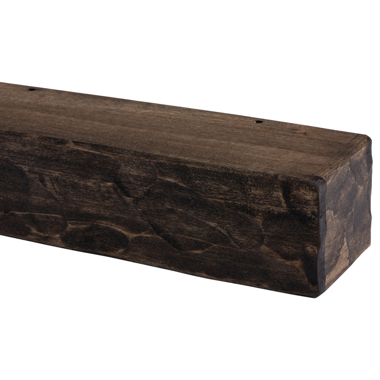 Rough Hewn Poplar fireplace mantel shelf in dark chocolate finish with hand-adze texture, 36 to 72 inches long by Dogberrycollections.
