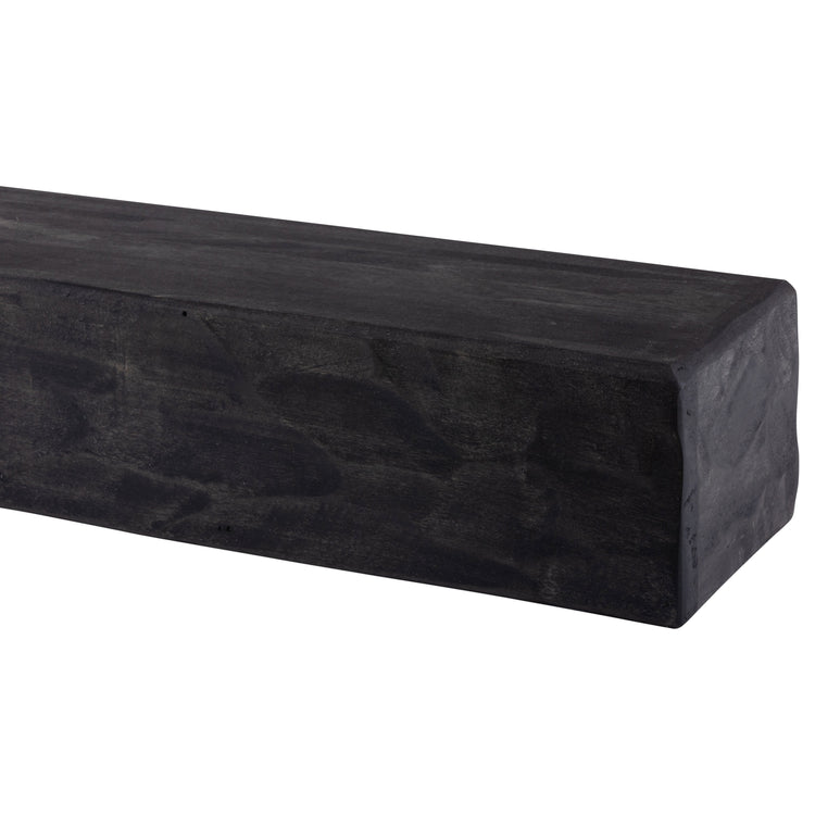 Rough Hewn Poplar fireplace mantel shelf by Dogberrycollections in Midnight Black finish, hand-adze textured, 36 to 72 inches long.