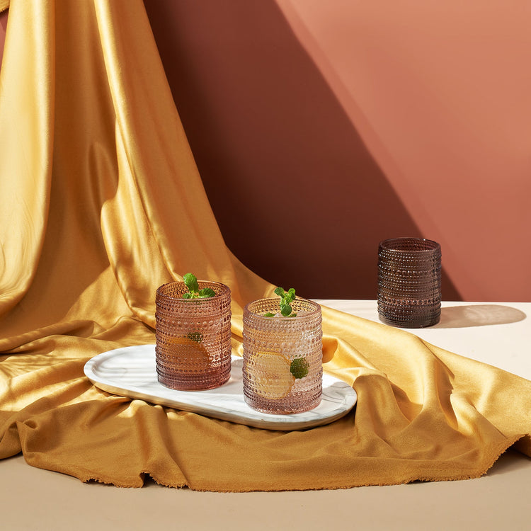 Six Khen Site Venus Hobnail Lowball Glasses set, 11oz tumblers with textured hobnail design in shades of brown.