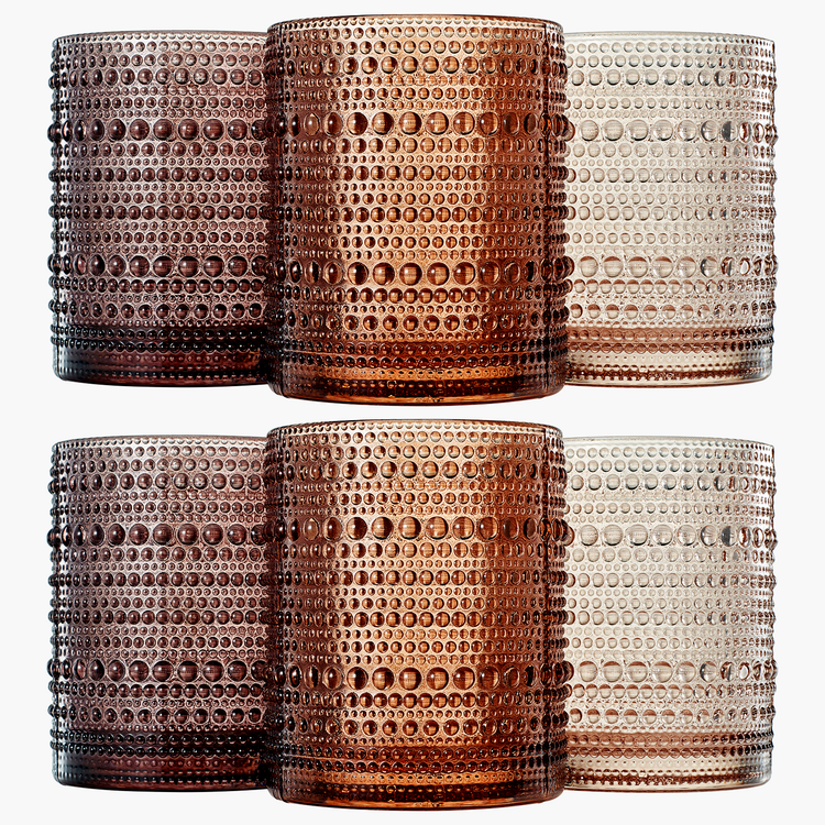 Set of six Venus Hobnail lowball glass tumblers in shades of brown, 11oz each, by Khen Site.