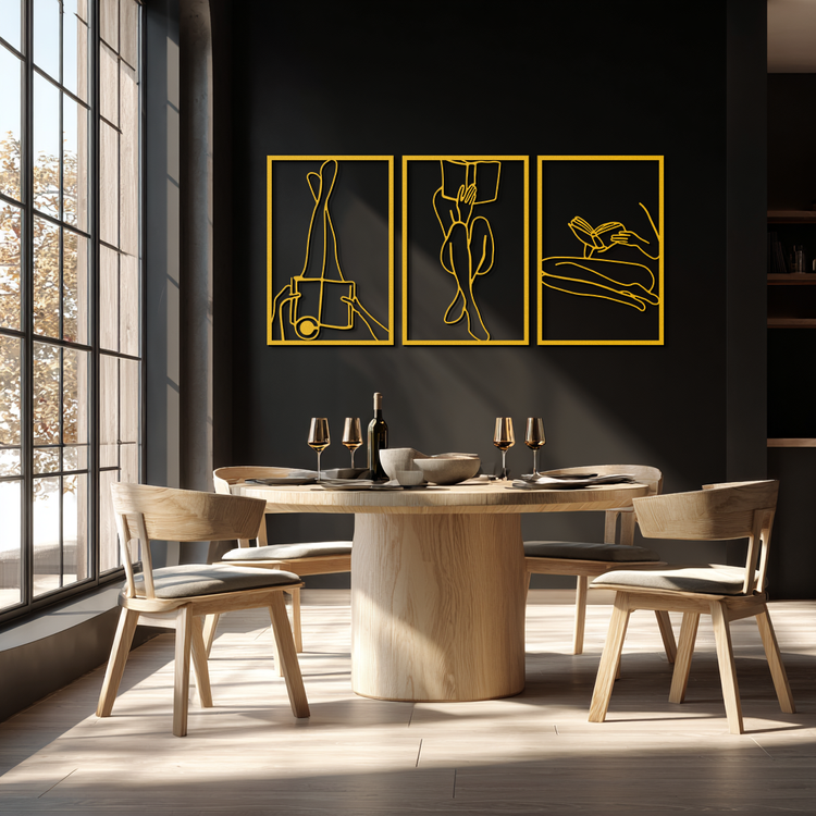Modern woman reading metal wall art by Enova Art, minimalist steel decor featuring a sleek, artistic silhouette of a woman with a book.