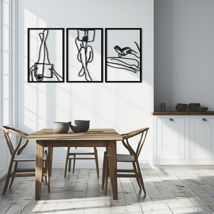 Modern metal wall art featuring a woman reading, crafted in steel by Enova Art, perfect for minimalist home decor.