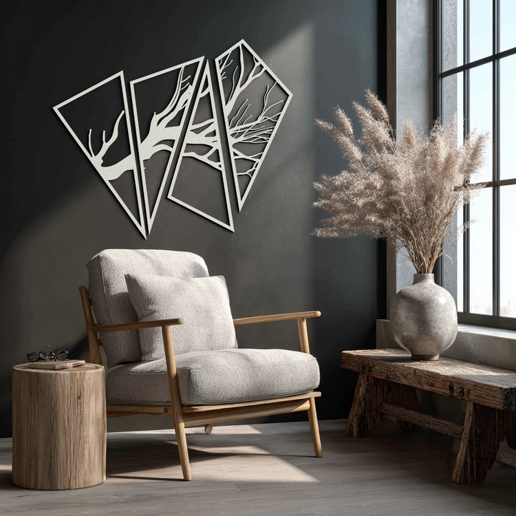 Modern metal wall art by Enova Art featuring an abstract tree branch design in steel for contemporary wall decor.