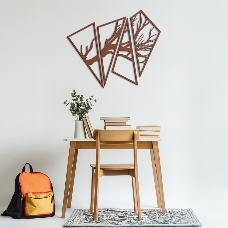 Modern metal wall art featuring an abstract tree branch design by Enova Art, showcasing sleek steel decor for contemporary interiors.