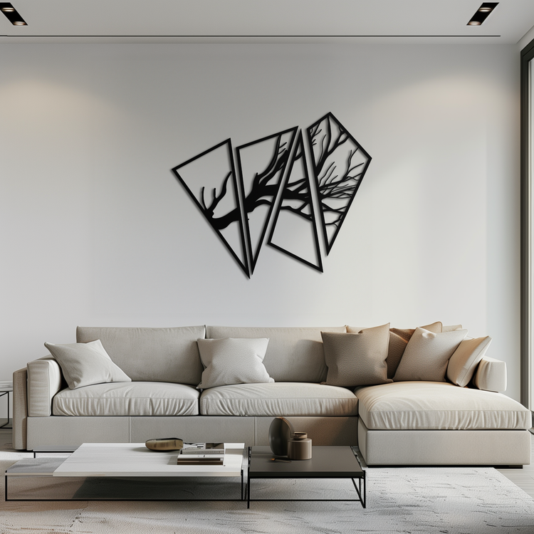 Modern metal wall art by Enova Art featuring an abstract tree branch design in sleek steel for contemporary wall decor.