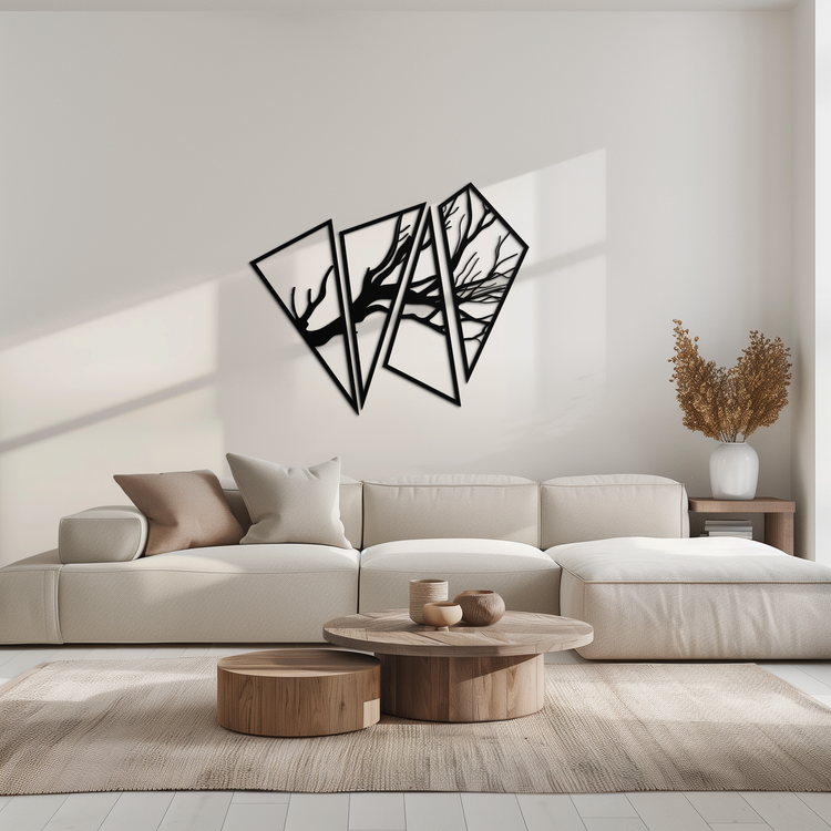 Modern metal wall art by Enova Art featuring an abstract tree branch design in steel for contemporary wall decor.